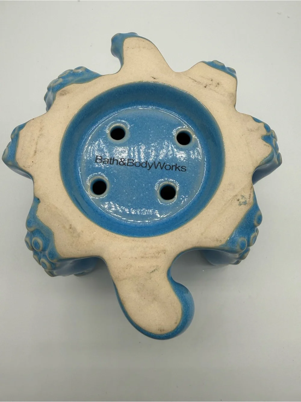 Bath & Body Works Blue Ceramic Octopus Foaming Hand Soap Dispenser Holder EUC